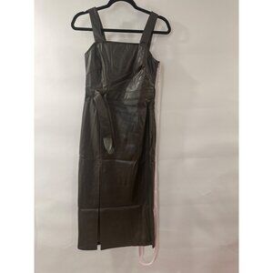 Choosy Faux Leather Midi Dress With Belted Waist & Slit Detail - olive green Siz